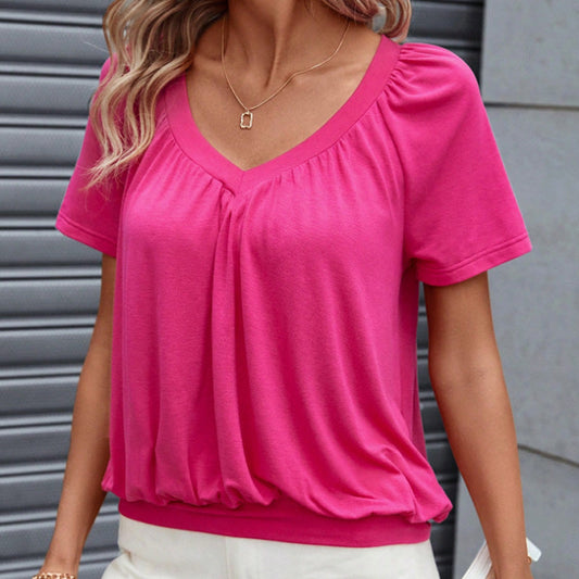🌸Naisten rento laskostettu V-aukkoinen lyhythihainen toppi