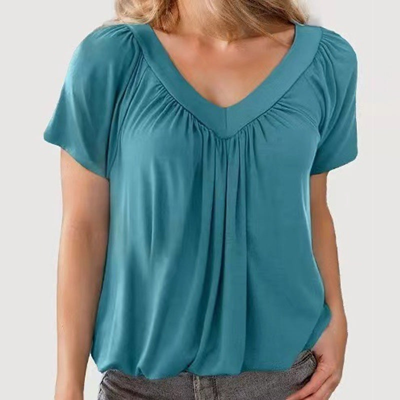 🌸 Tyylikäs, rento ja monipuolinen – V-kaula-aukkoinen laskostettu paita✨