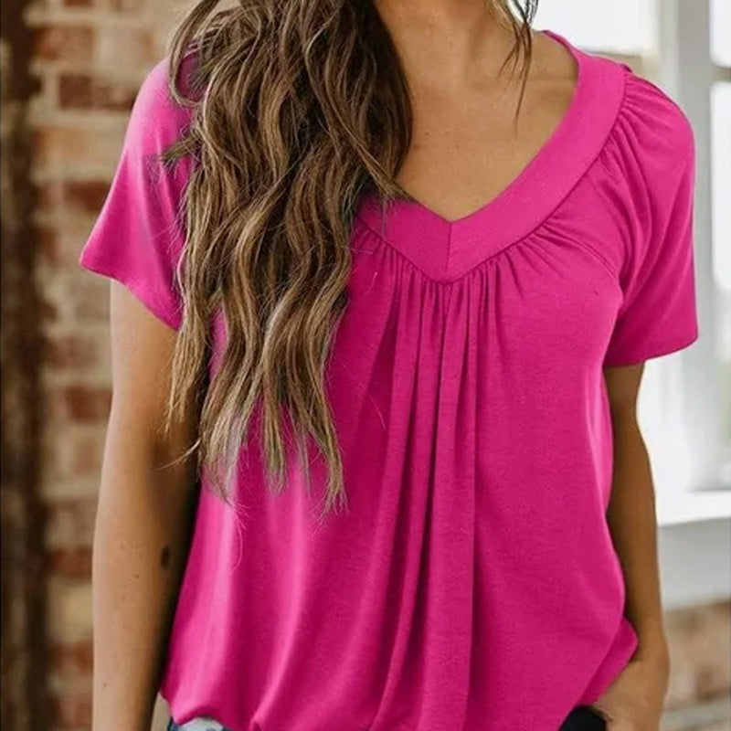 🌸 Tyylikäs, rento ja monipuolinen – V-kaula-aukkoinen laskostettu paita✨