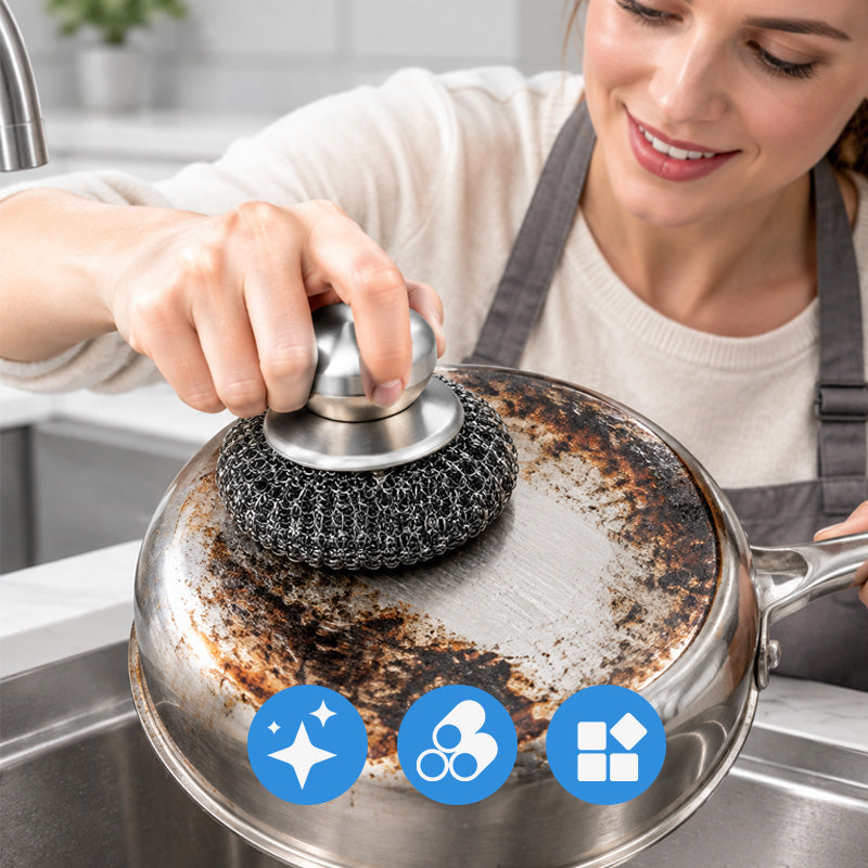 🧽🍳 Kattilaharja kahvalla — teräslankaharja sitkeisiin keittiön sotkuihin